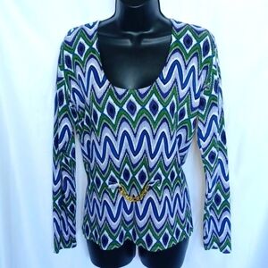 Mosca Womens Multicolor Floral Long Sleeve Sweater Sz M U- Neckline